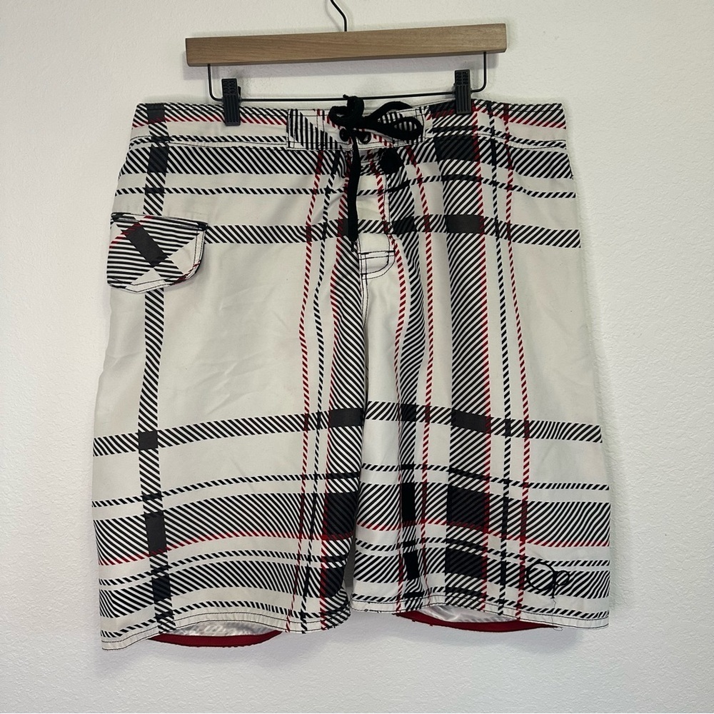 Men’s OP Swim Trunks White w/ Black & Red Plaid – Size 38
